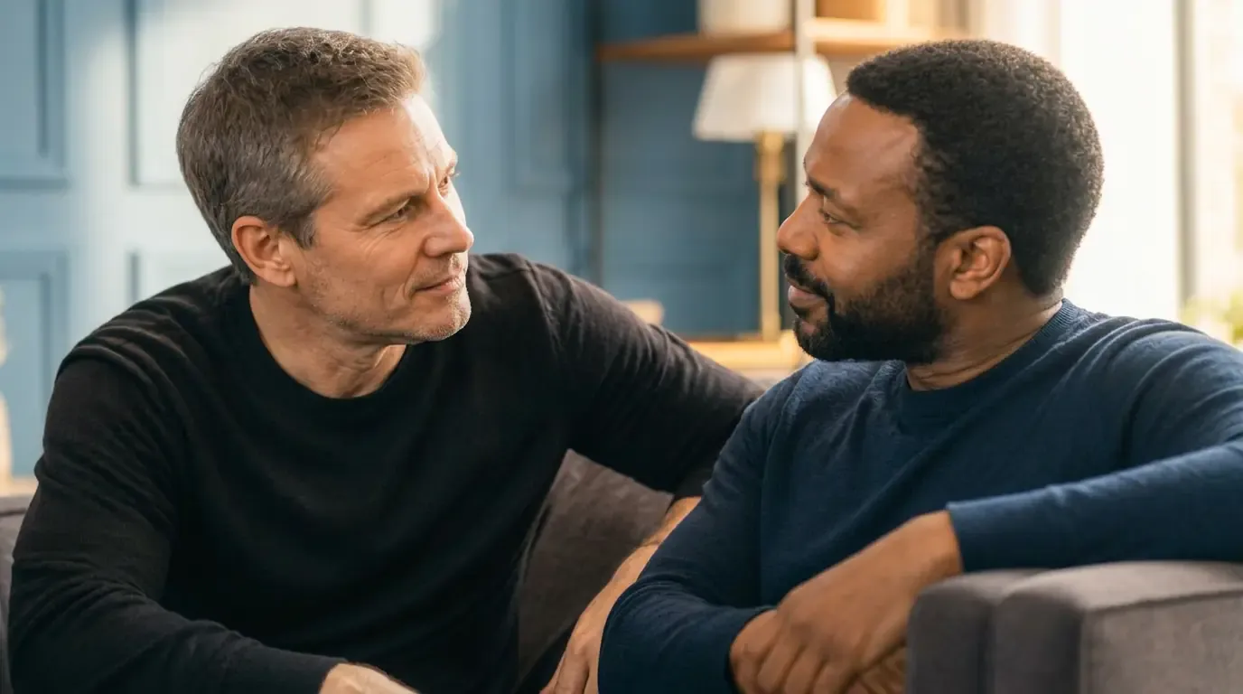 Two men sitting together in a quiet living room, talking openly and unhurried