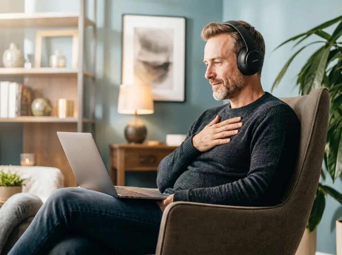 A man at home in an armchair during a private online counselling session on his laptop