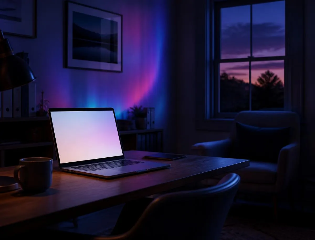 An empty home study at dusk with an open laptop and a mug on the desk — the kind of private space a session is taken from